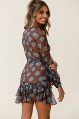 Kerry Layered Balloon Sleeve Dress Leaf Print Brown