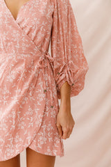Mindy Gathered Cuff Wrap Dress Rose