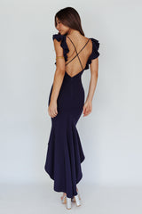 Pearl Ruffle Strap High-Low Hem Dress Navy