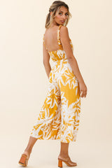 Magdalene Frill Strap Midi Jumpsuit Palm Print Yellow