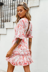Leona Half Sleeve Frill Trim Dress Leaf Print Pink Multi