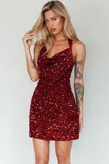 Star Lights Halterneck Mini Dress Sequin Merlot