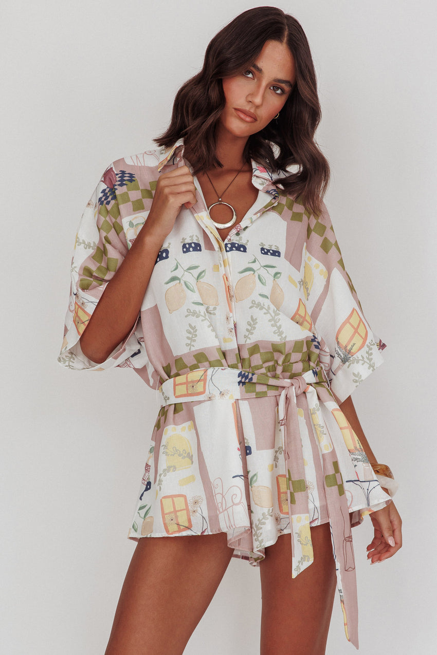 Daytona Beach Button-Up Romper Euro Print Olive