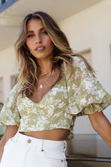 Rosetta Puff Sleeve Keyhole Back Crop Top Floral Print Olive