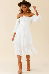 Flynn Off-Shoulder Shirred Bust Midi Dress White