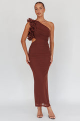 Deanna One-Shoulder Ruffle Maxi Dress Brown