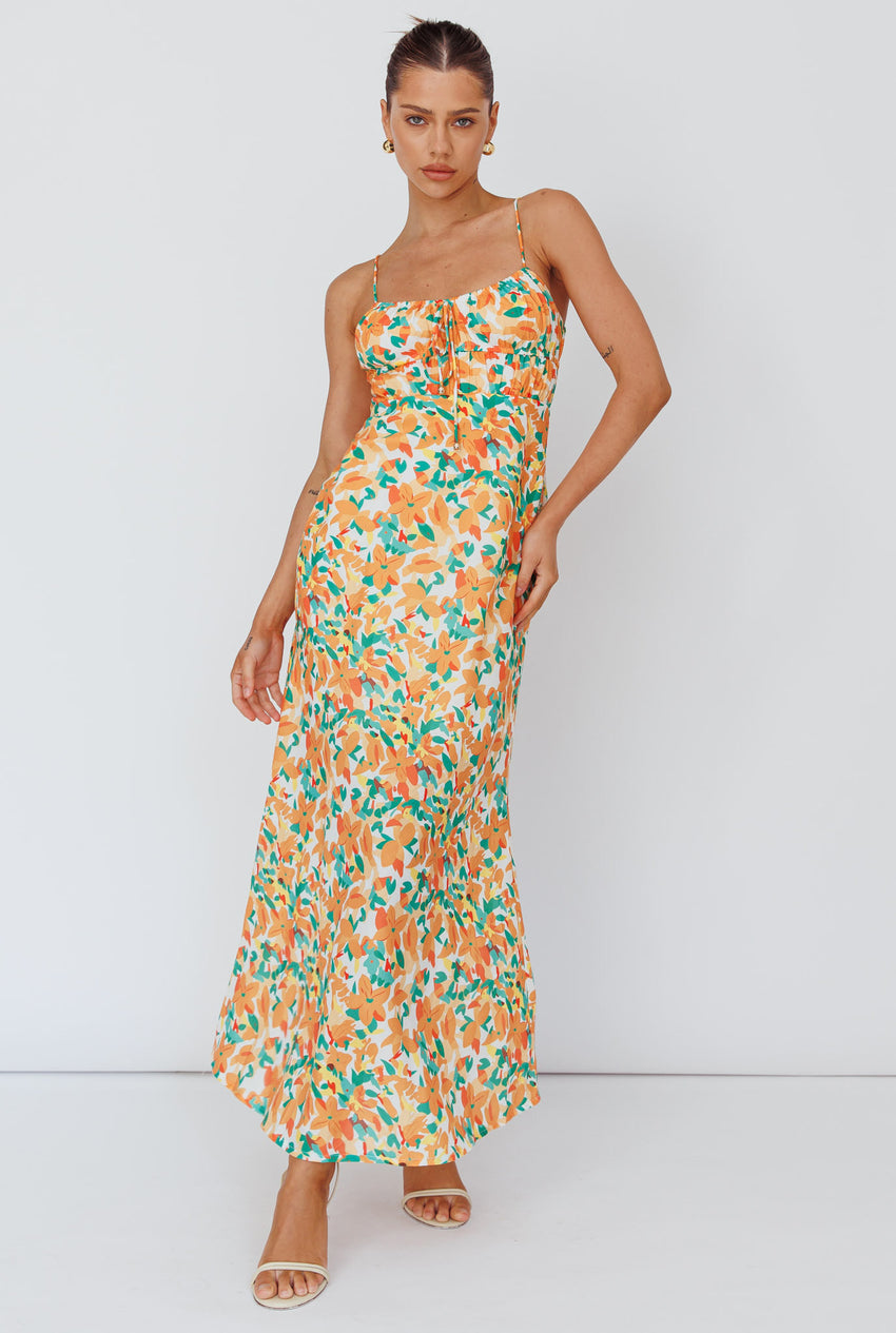Solstice Noon Tied Bust Midi Dress Print Orange