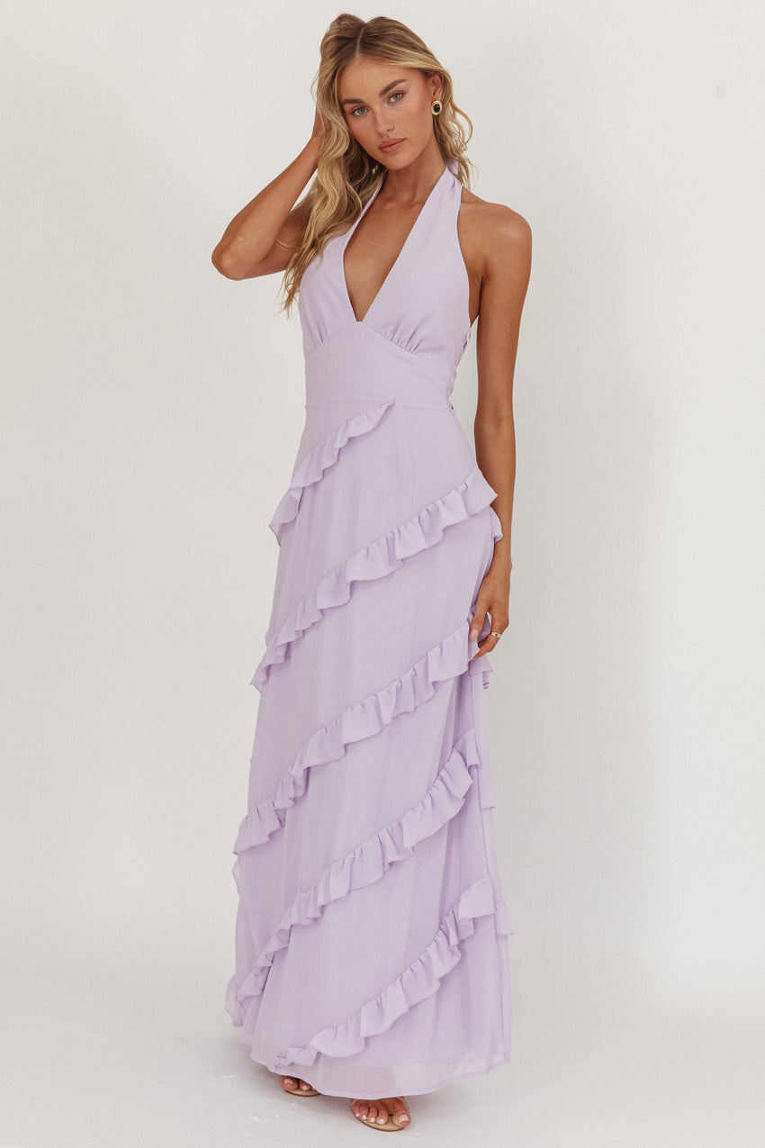 Flirt Frill Trim Halter Maxi Dress Lilac