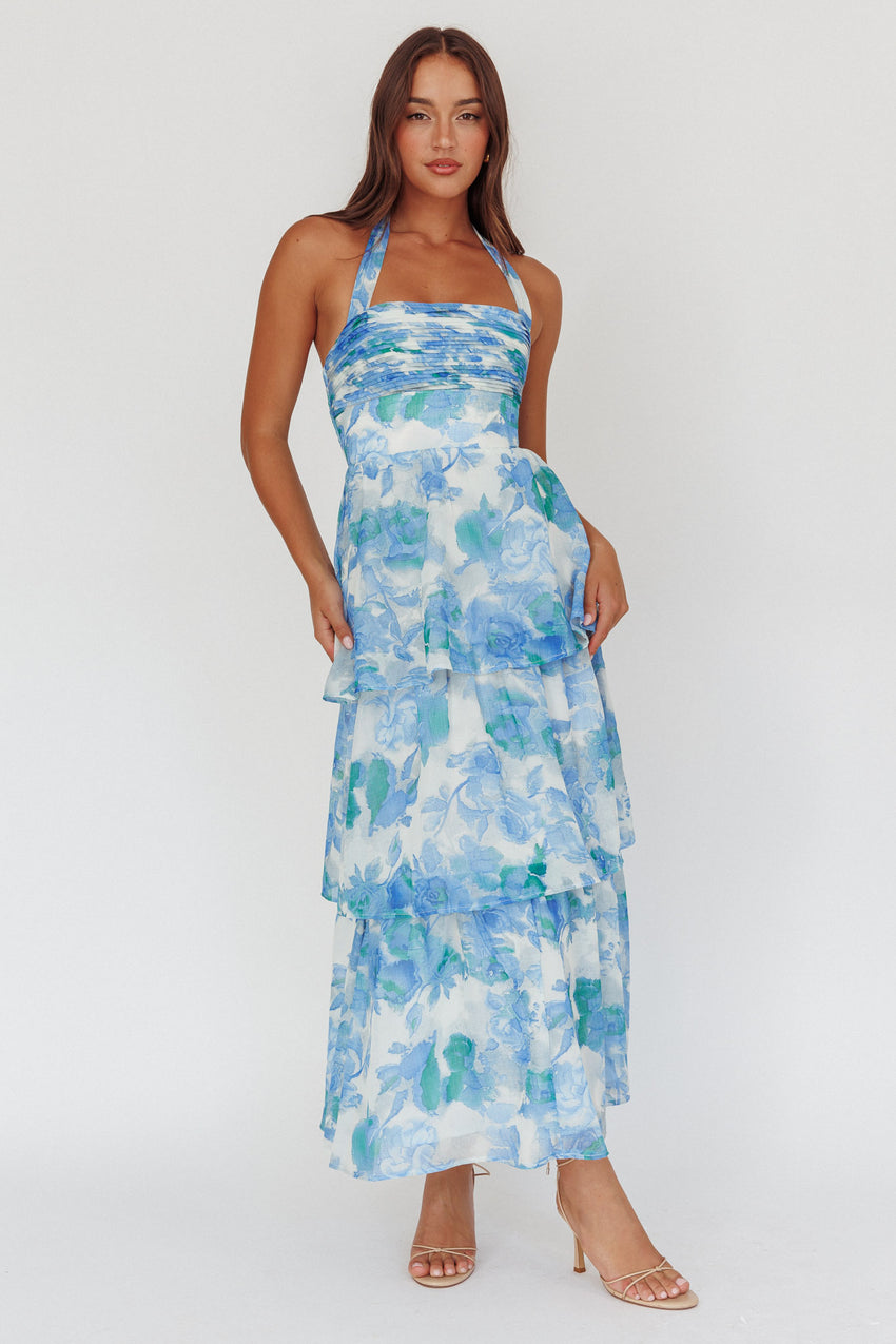 Seascape Halterneck Layered Maxi Dress Floral Blue