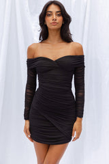 Moonrise Off-Shoulder Crossover Neckline Long Sleeve Ruched Dress Black