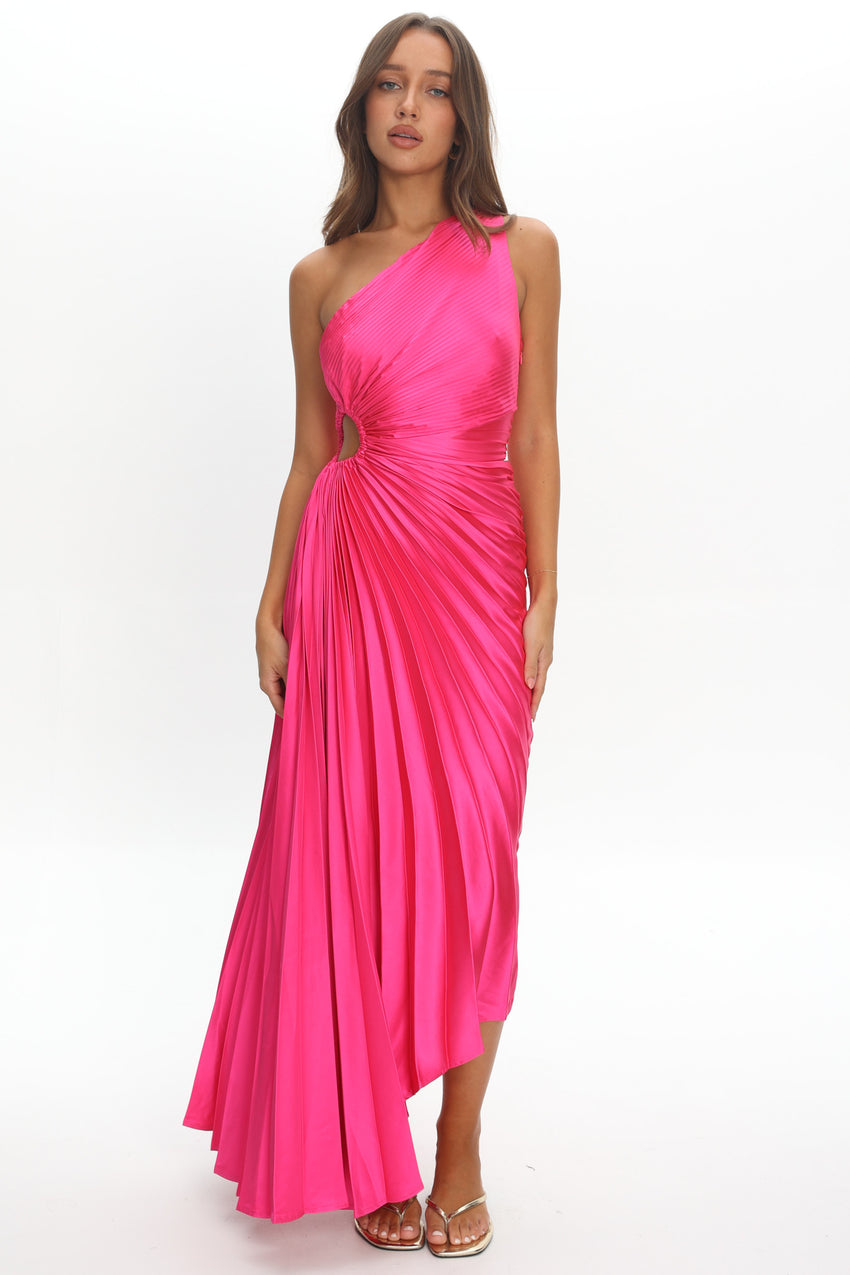 Brooklynn One-Shoulder Accordion Pleat Satin Midi Dress Fuchsia