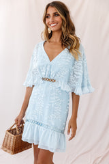 Caspar Leafy Embroidered Dress Baby Blue Tall