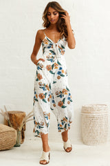 Call Me Wide-Leg Tied Bust Jumpsuit Floral Print White