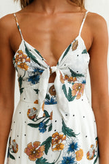 Call Me Wide-Leg Tied Bust Jumpsuit Floral Print White
